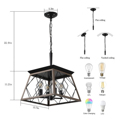 Rustic 4-Light Farmhouse Chandelier – Antique Wood & Iron Pendant Light