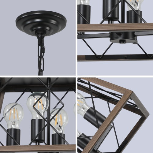 Rustic 4-Light Farmhouse Chandelier – Antique Wood & Iron Pendant Light