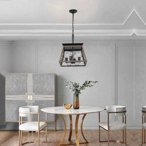 Rustic 4-Light Farmhouse Chandelier – Antique Wood & Iron Pendant Light