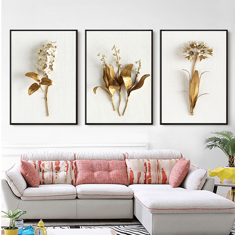 Golden Leaf Canvas Wall Art – Nordic Framed Three-Piece Living Room Decor