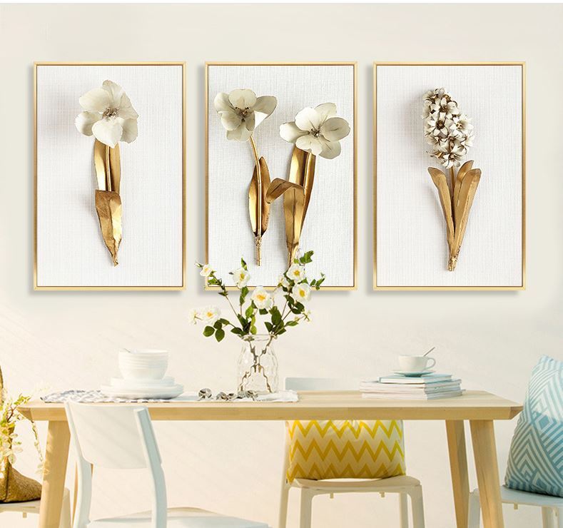 Golden Leaf Canvas Wall Art – Nordic Framed Three-Piece Living Room Decor