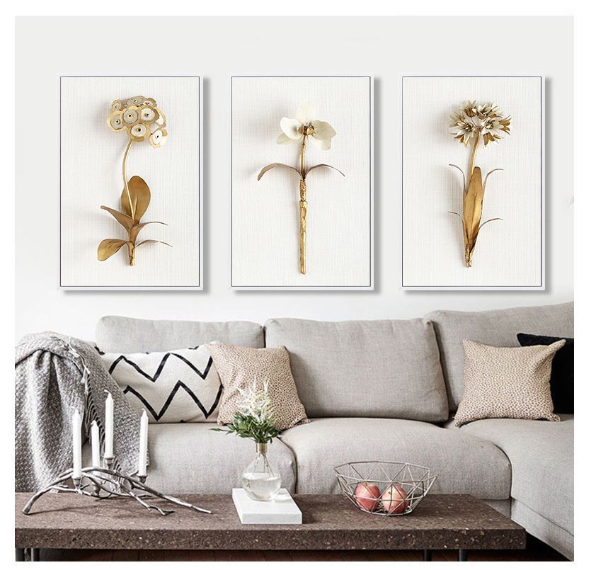 Golden Leaf Canvas Wall Art – Nordic Framed Three-Piece Living Room Decor