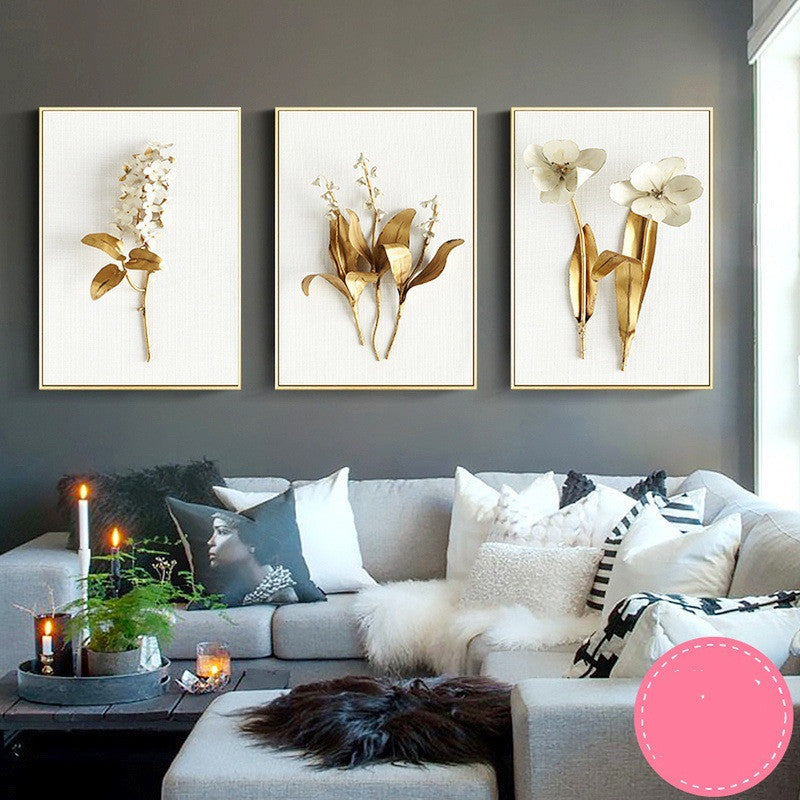 Golden Leaf Canvas Wall Art – Nordic Framed Three-Piece Living Room Decor
