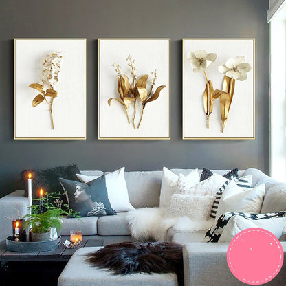 Golden Leaf Canvas Wall Art – Nordic Framed Three-Piece Living Room Decor