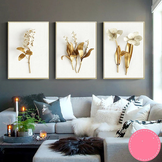 Golden Leaf Canvas Wall Art – Nordic Framed Three-Piece Living Room Decor
