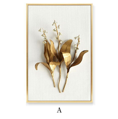Golden Leaf Canvas Wall Art – Nordic Framed Three-Piece Living Room Decor