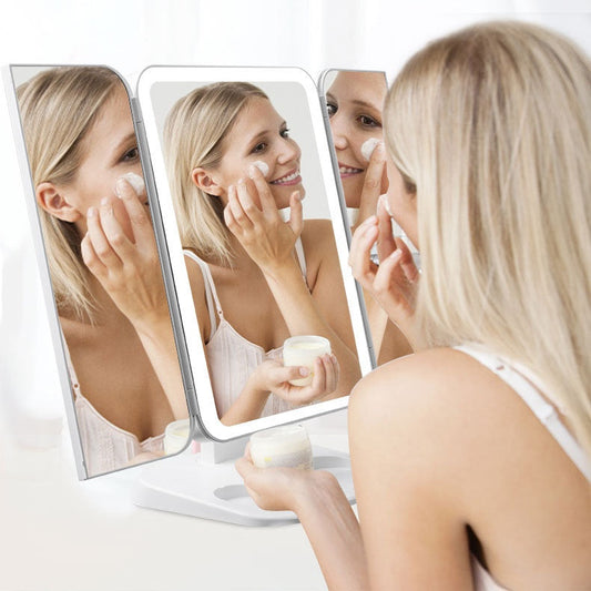 LED Trifold Makeup Mirror – 10X Zoom, 68 Lights & 180° Swivel Design