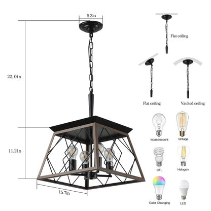 Rustic 4-Light Farmhouse Chandelier – Antique Wood & Iron Pendant Light