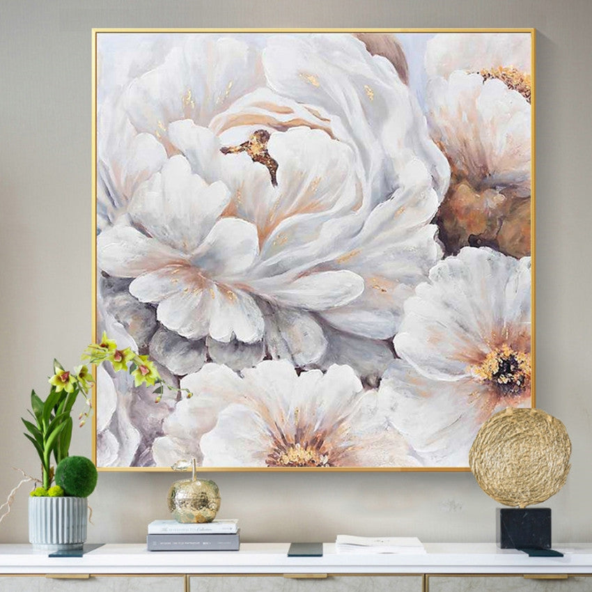 Hand-Painted White Flower Oil Painting – Frameless Linen Canvas Wall Art