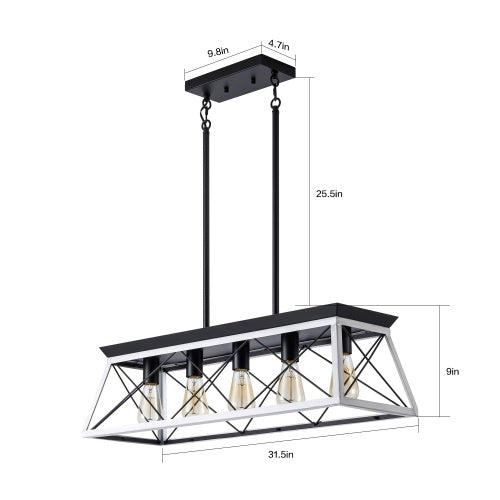 Rustic 5-Light Farmhouse Chandelier – White & Black Wood Iron Pendant Light