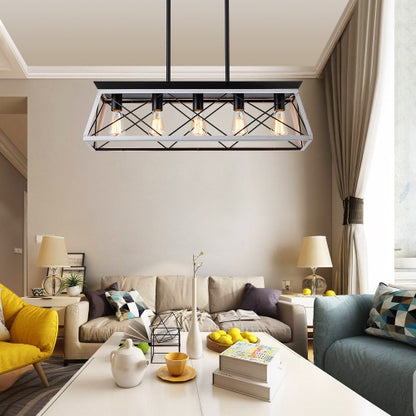 Rustic 5-Light Farmhouse Chandelier – White & Black Wood Iron Pendant Light