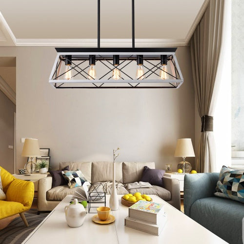 Rustic 5-Light Farmhouse Chandelier – White & Black Wood Iron Pendant Light