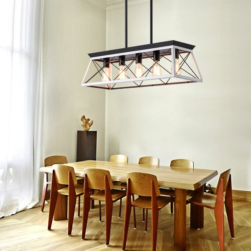 Rustic 5-Light Farmhouse Chandelier – White & Black Wood Iron Pendant Light