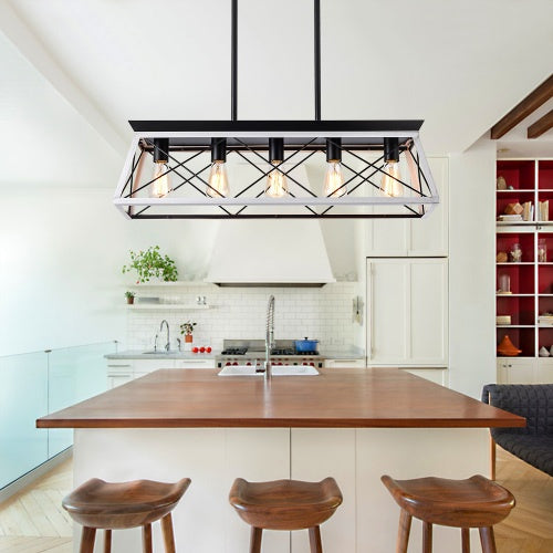 Rustic 5-Light Farmhouse Chandelier – White & Black Wood Iron Pendant Light