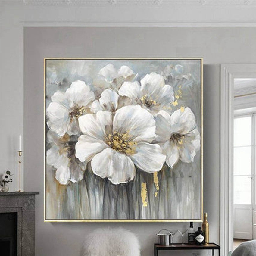Hand-Painted White Flower Oil Painting – Frameless Linen Canvas Wall Art
