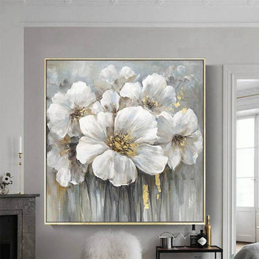 Hand-Painted White Flower Oil Painting – Frameless Linen Canvas Wall Art