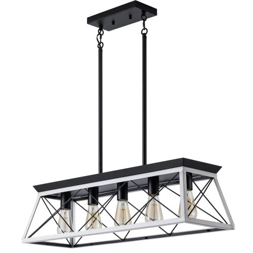 Rustic 5-Light Farmhouse Chandelier – White & Black Wood Iron Pendant Light