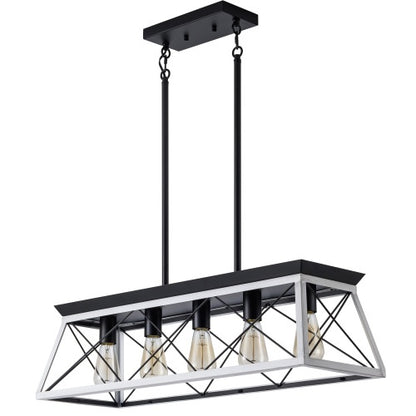 Rustic 5-Light Farmhouse Chandelier – White & Black Wood Iron Pendant Light