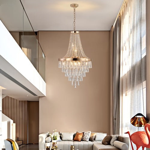 Grand Golden Crystal Chandelier – Modern Luxury Lighting for High Ceilings
