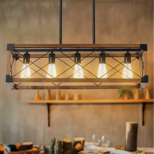 Rustic 5-Light Farmhouse Chandelier – Vintage Wood & Iron Pendant Light