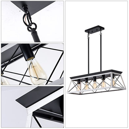 Rustic 5-Light Farmhouse Chandelier – White & Black Wood Iron Pendant Light